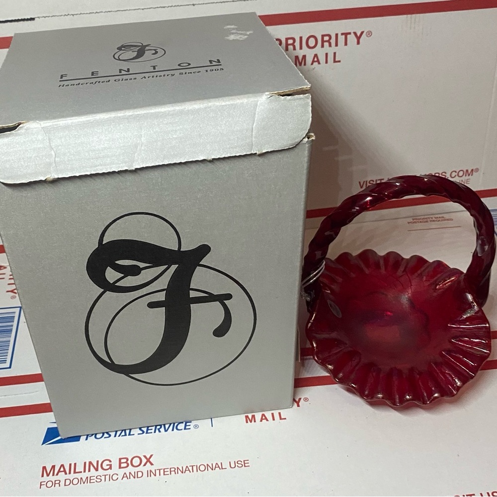 Fenton Ruby Glass Basket with Grapes Leaves Ruffled Edge Brand New in Box